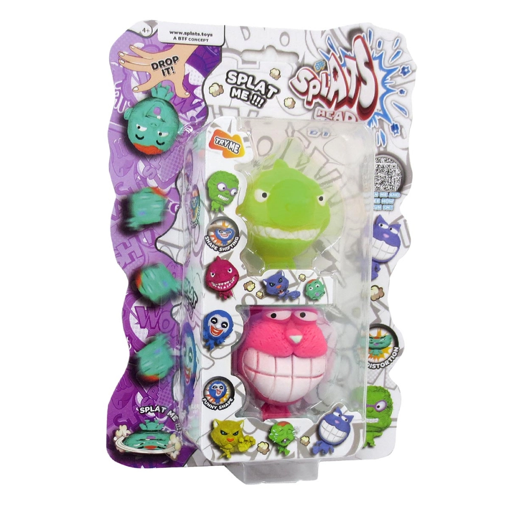 2 Bonecos Tubarão Verde e Gato Rosa - Splats Head Mini 2 Bonecos Tubarão Verde e Gato Rosa - Splats Head Mini