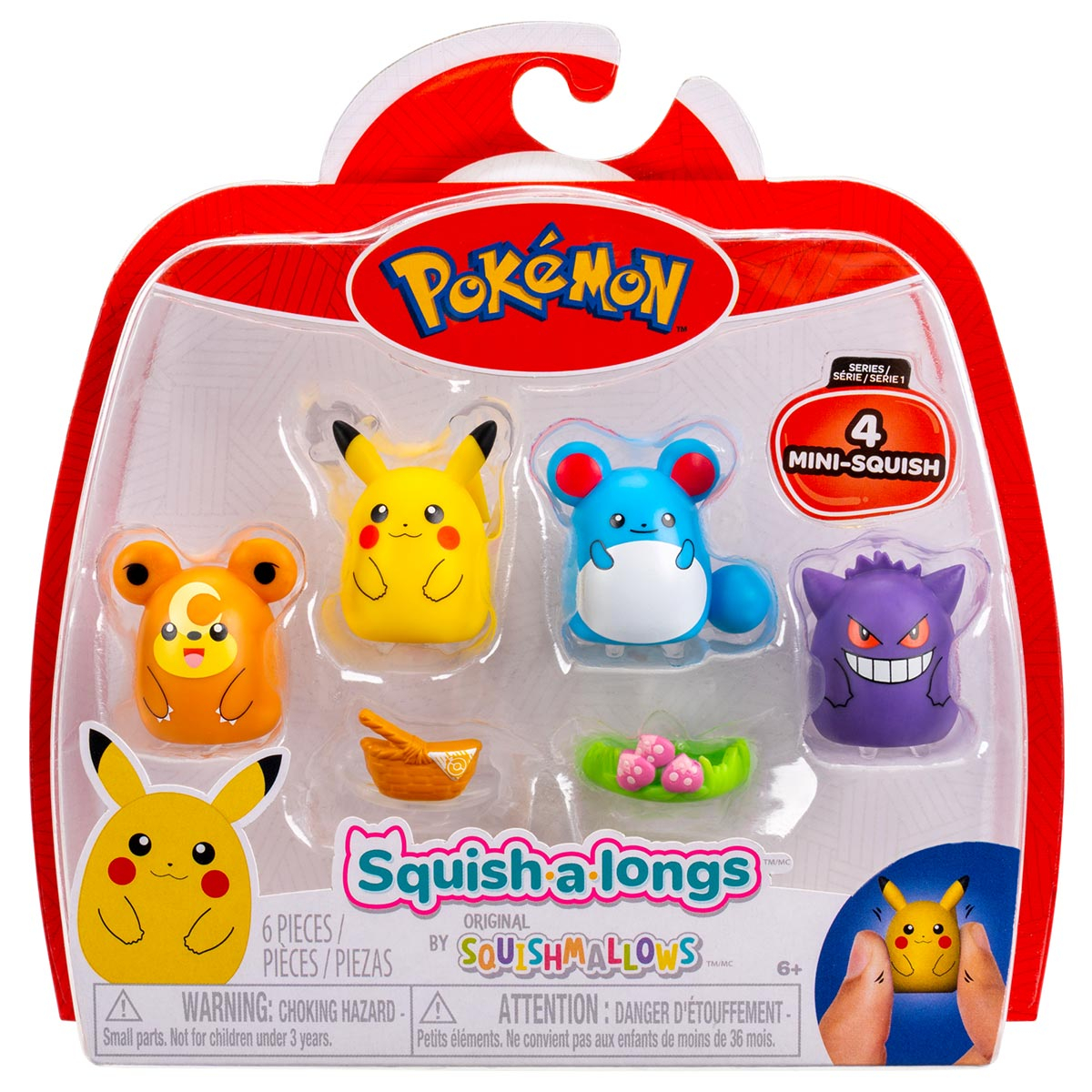 4 Bonecos Pokémon Pikachu, Gengar, Teddiursa e Maril - Squish A Longs 4 Bonecos Pokémon Pikachu, Gengar, Teddiursa e Maril - Squish A Longs