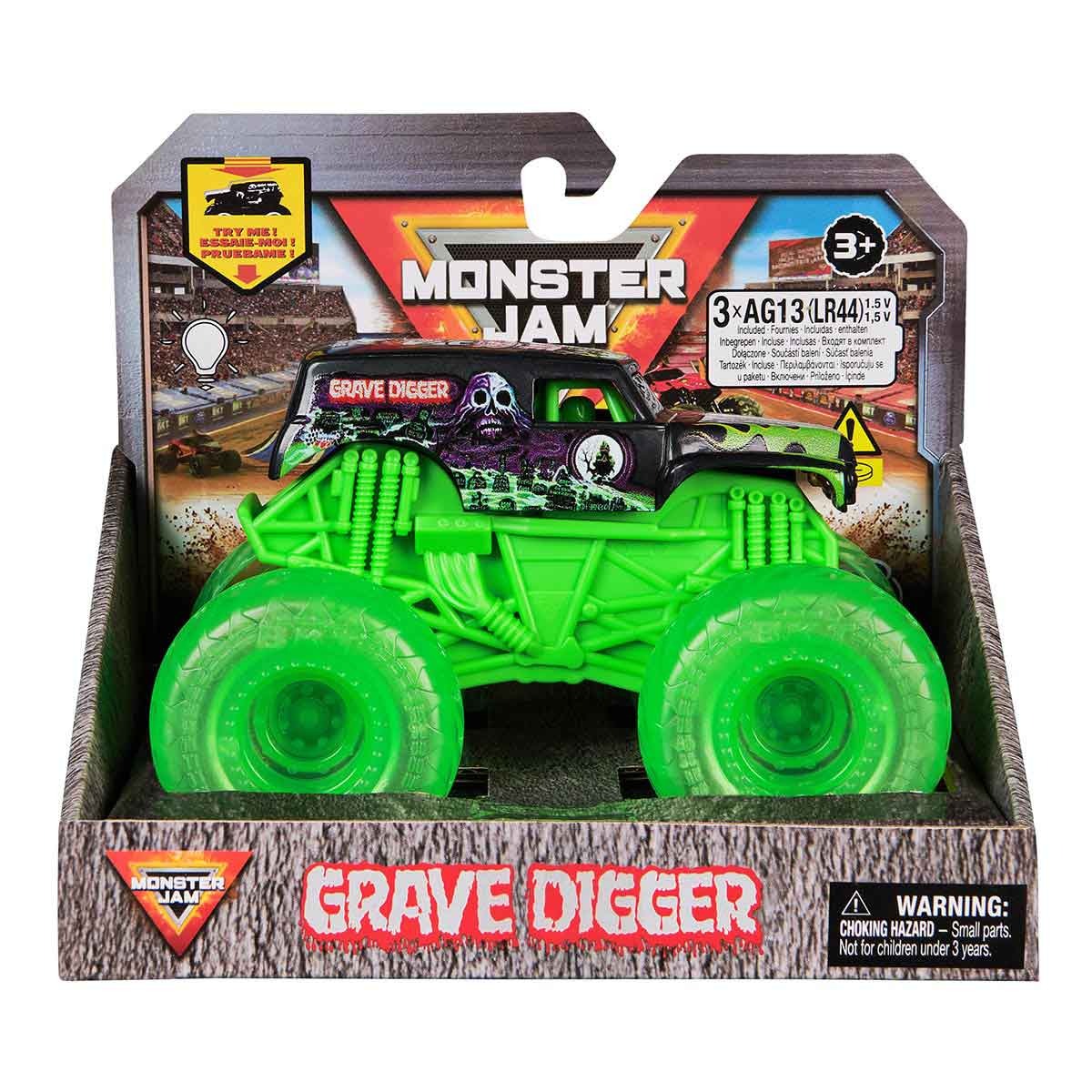 Monster Jam Carrinho Grave Digger 1:43 C/ Rodas Neon E Luz