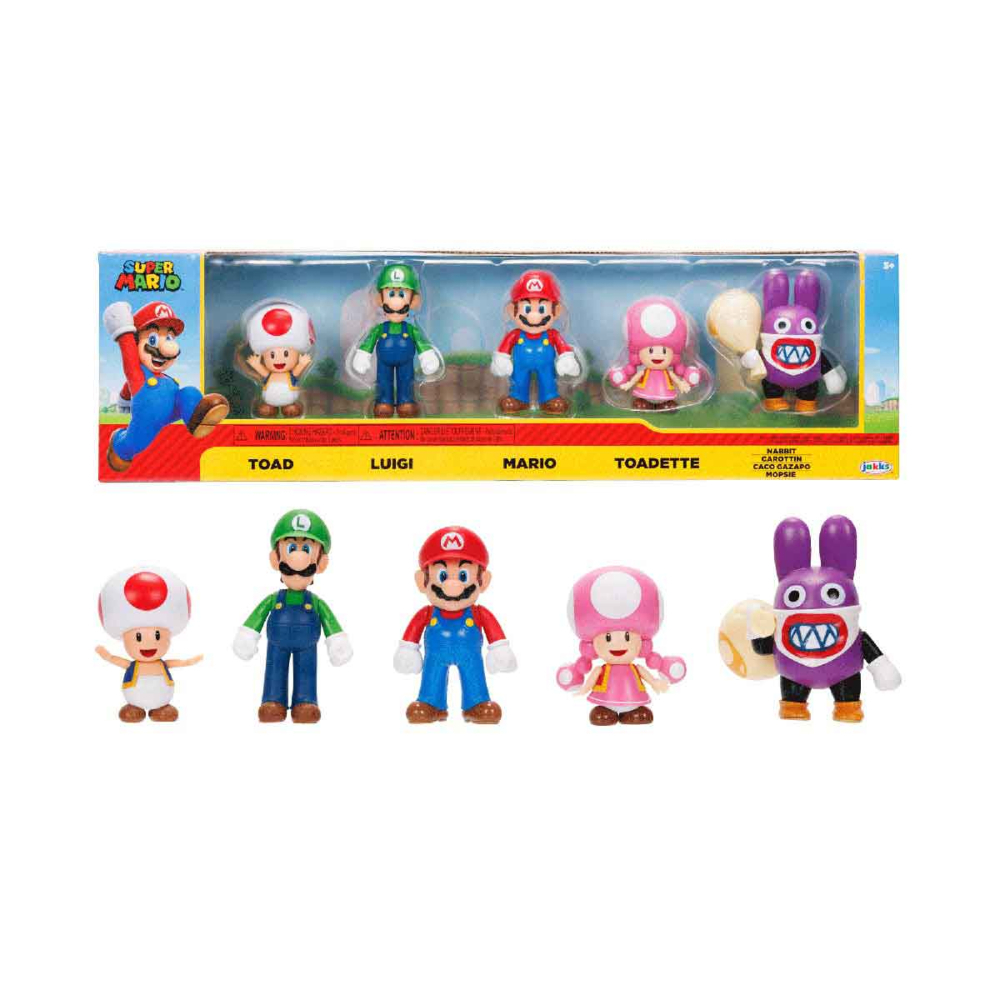 5 Bonecos Toad, Luigi, Mario, Toadette, Nabbit - Super Mario