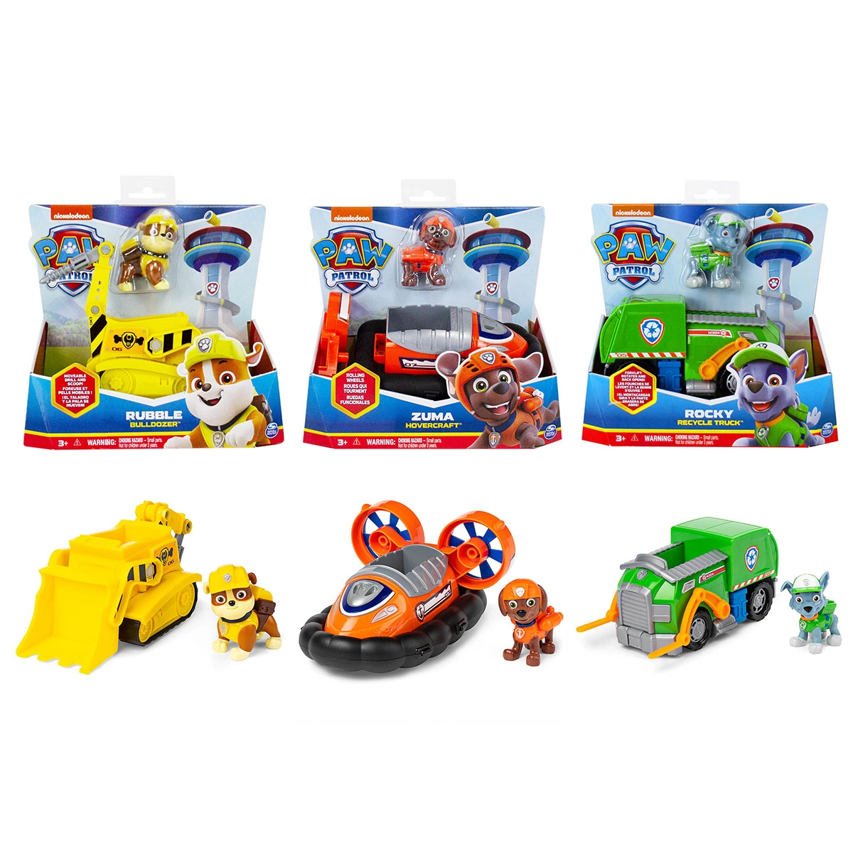 Kit 3 Veículos Carrinhos Rubble, Zuma E Rocky - Patrulha Canina